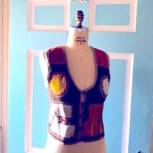 “Buffums” vintage hippie BoHo macramé leather vest